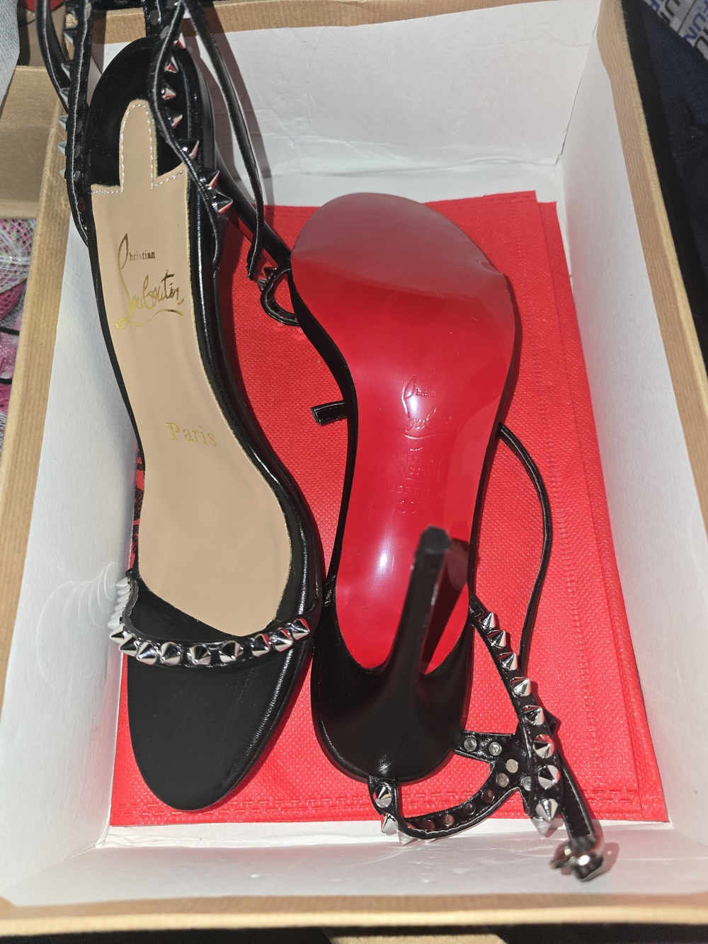 Christian Louboutin Black Studded Patent Leather Ankle-Strap Heels with Red Sole
